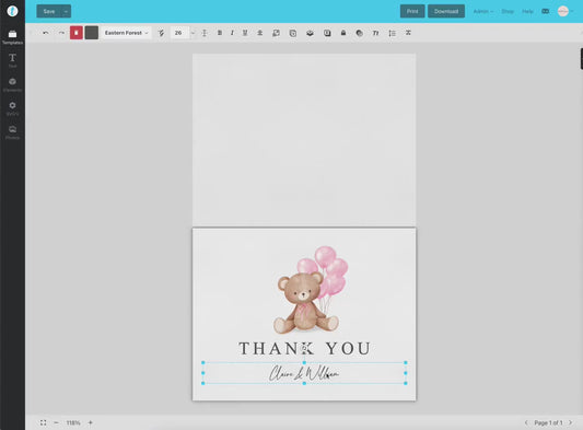 Thank You Card Teddy Bear with Pink Bow and Balloons Editable Template . Baby Shower Card . PRINTABLE Templett Instant Digital Download