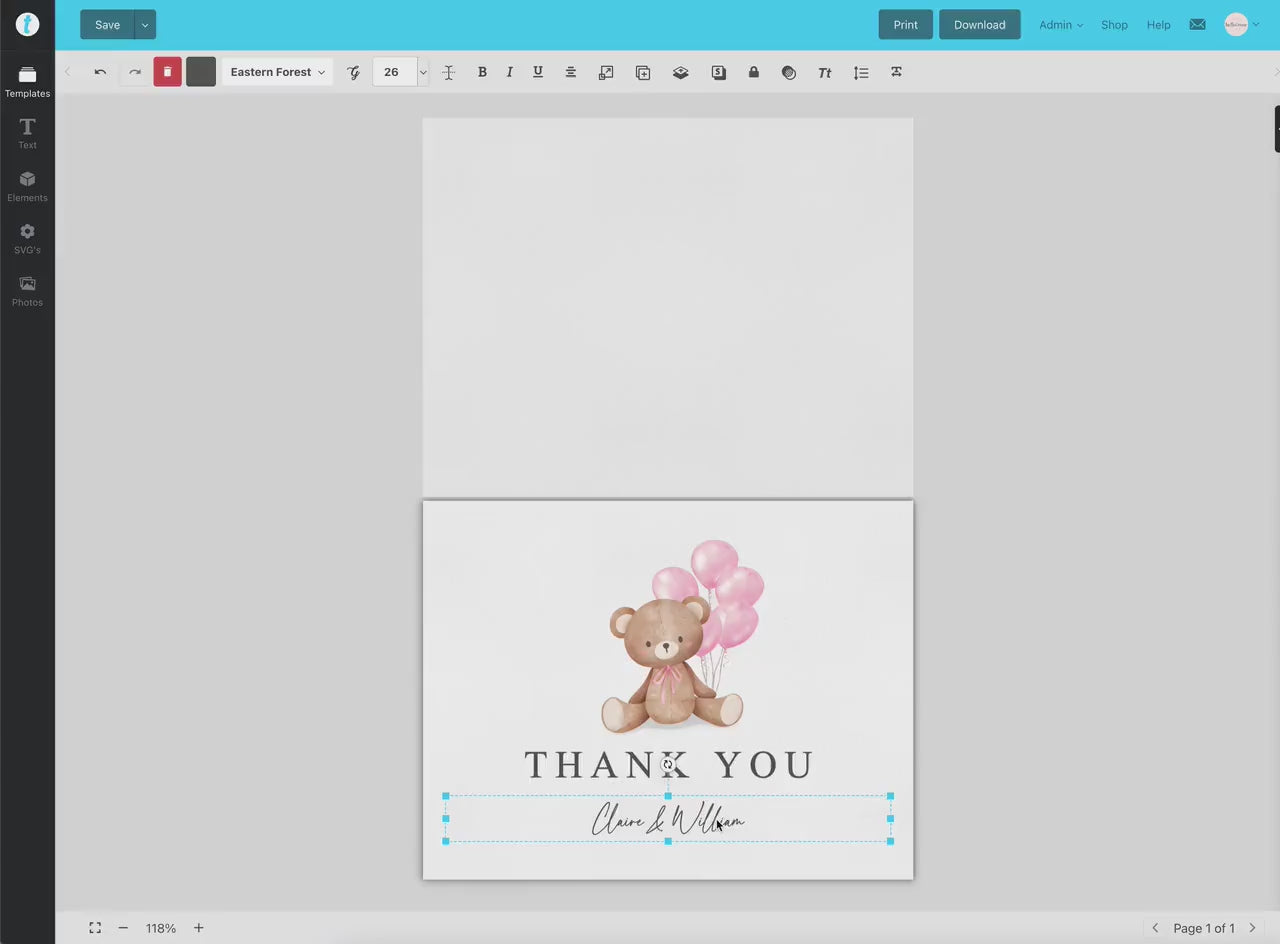 Thank You Card Teddy Bear with Pink Bow and Balloons Editable Template . Baby Shower Card . PRINTABLE Templett Instant Digital Download