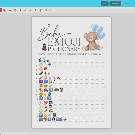 Emoji Pictionary Baby Shower Game, Bear with Blue Bow Balloons, Boy Teddy Bear, We Can Bearly Wait, Editable Template Download TEMPLETT