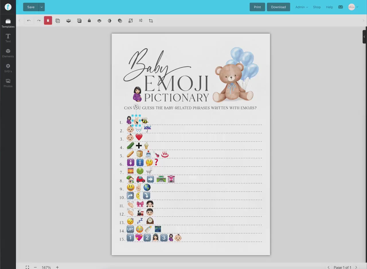 Emoji Pictionary Baby Shower Game, Bear with Blue Bow Balloons, Boy Teddy Bear, We Can Bearly Wait, Editable Template Download TEMPLETT