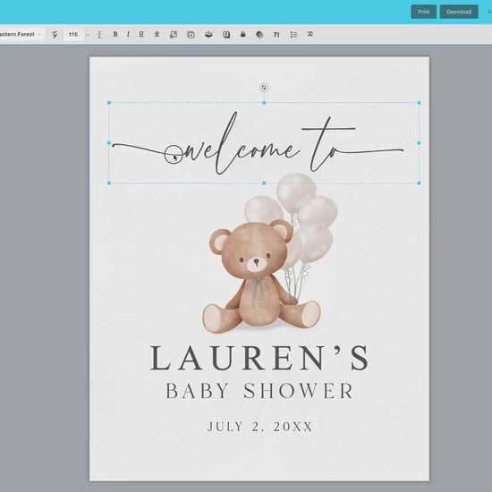Editable Welcome Sign Teddy Bear with Bow and White Balloons, Girl Boy Neutral Baby Shower Sprinkle,  We Can Bearly Wait, Template Download