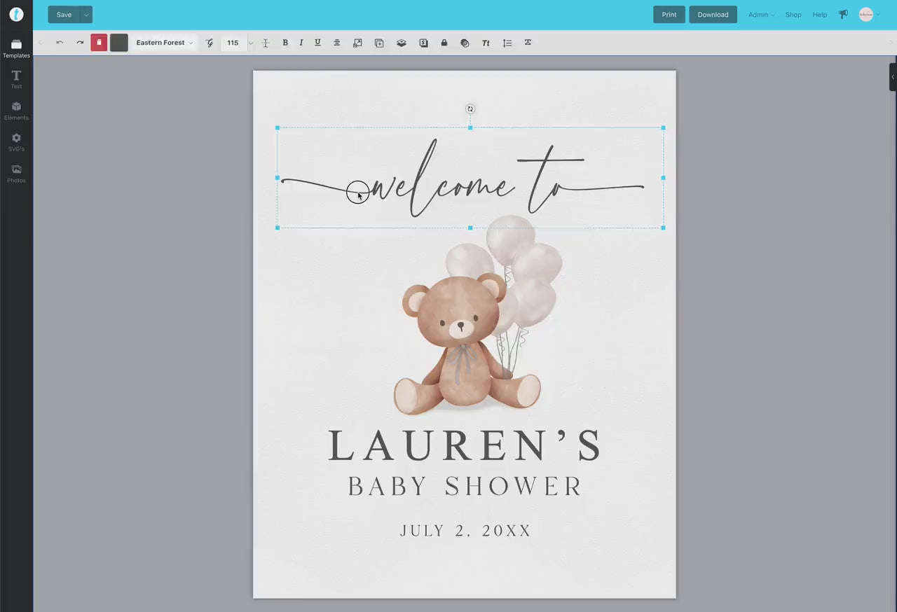 Editable Welcome Sign Teddy Bear with Bow and White Balloons, Girl Boy Neutral Baby Shower Sprinkle,  We Can Bearly Wait, Template Download