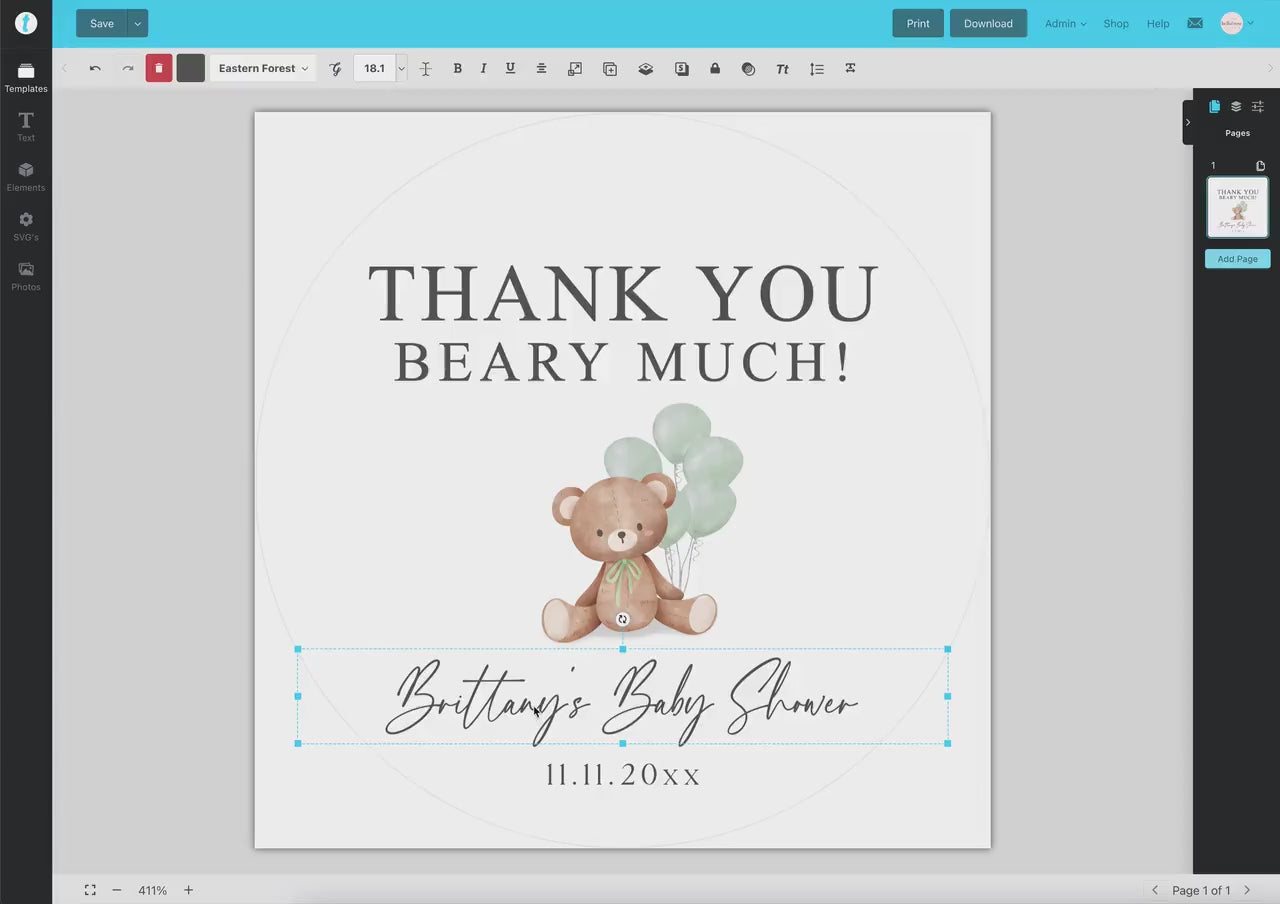 Bear Baby Shower Thank You Favor Tags Template . Sage Green Balloons Tag Sticker Label . Personalized Editable PRINTABLE Templett Download