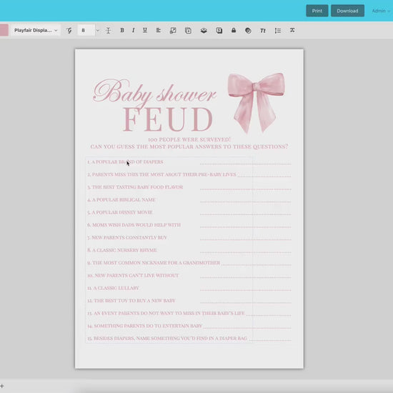 Family Feud Baby Shower Pink Bow, Baby Girl Game Cards, Baby Shower Feud, Sprinkle Game, Editable Template Digital Download TEMPLETT