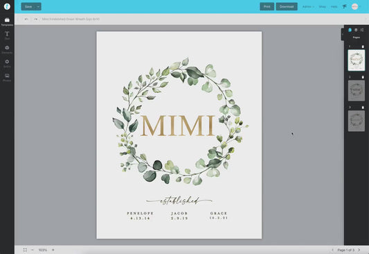 Mimi Established Printable Christmas Gift for Mimi Gigi Mom Mother Grandma Grandmother . Greenery . PRINTABLE Editable Template Templett