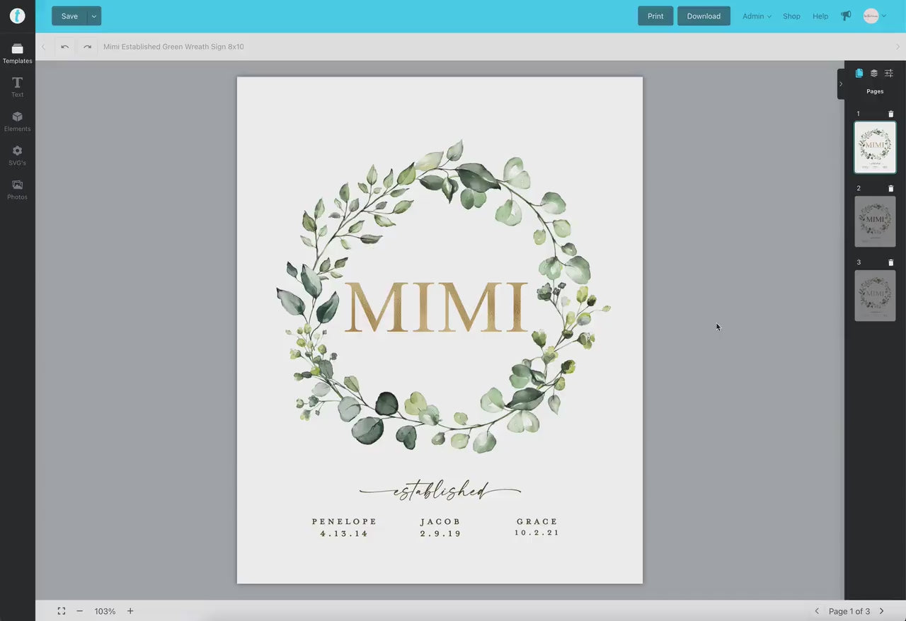 Mimi Established Printable Christmas Gift for Mimi Gigi Mom Mother Grandma Grandmother . Greenery . PRINTABLE Editable Template Templett