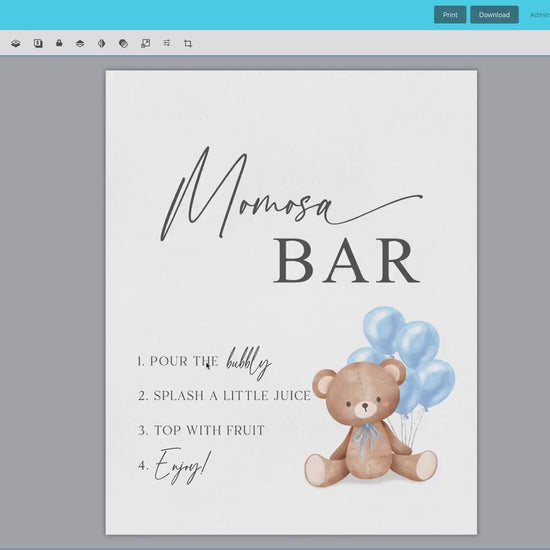 Momosa Bar Sign, Printable Baby Shower Mimosa Bar, Bear with Blue Balloons, Boy Baby Shower, Baby Sprinkle, Template Download Templett