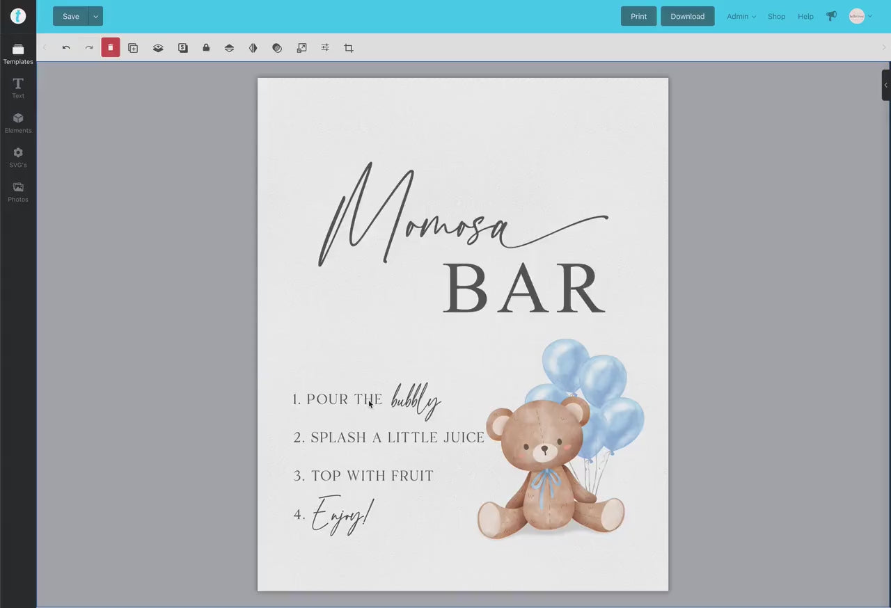 Momosa Bar Sign, Printable Baby Shower Mimosa Bar, Bear with Blue Balloons, Boy Baby Shower, Baby Sprinkle, Template Download Templett