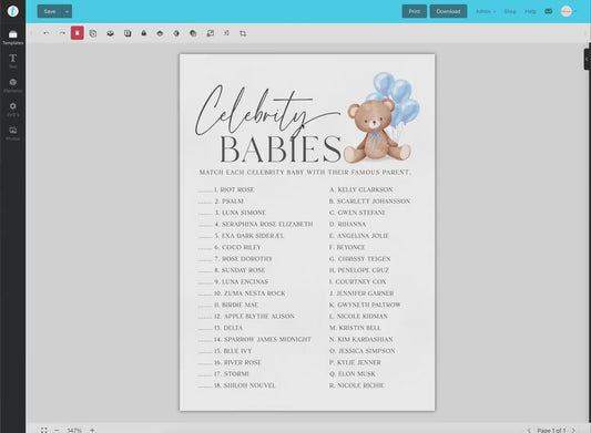 Celebrity Babies Baby Shower Game, Bear with Blue Bow Balloons, Boy Teddy Bear, We Can Bearly Wait, Editable Template Download TEMPLETT