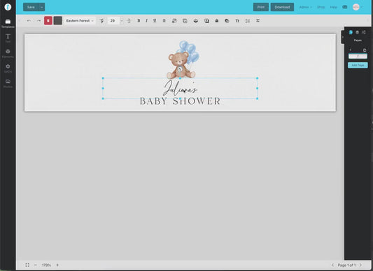 Water Bottle Labels + Sign, Bear Baby Shower, Teddy Boy with Bow and Blue Balloons, Sprinkle, We Can Bearly Wait, Template Download Templett