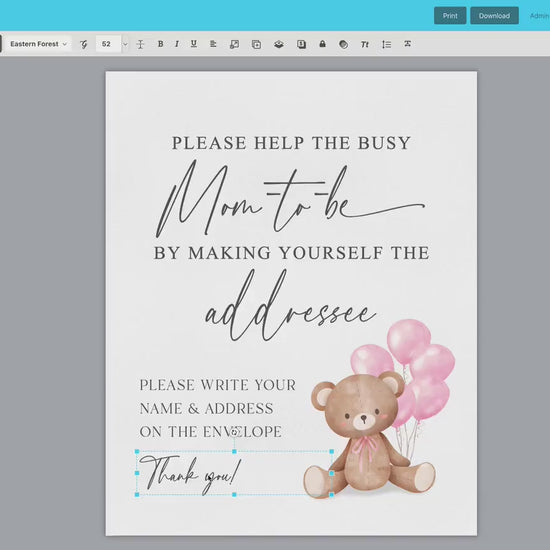 Help the Busy Mom to Be Addressee Baby Shower Envelope Sign, Bear with Pink Balloons, Girl Baby Shower, Baby Sprinkle, Template Download