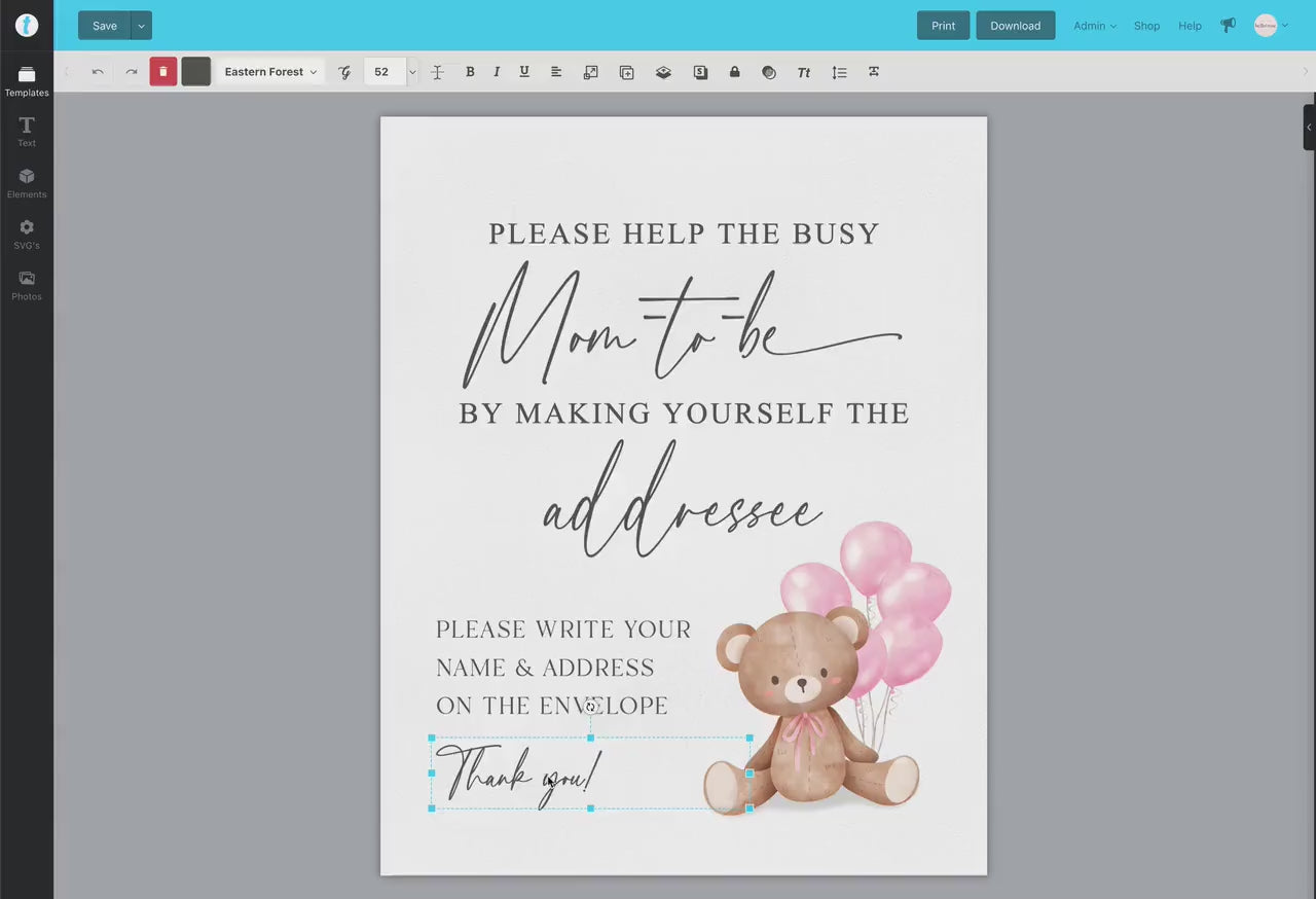 Help the Busy Mom to Be Addressee Baby Shower Envelope Sign, Bear with Pink Balloons, Girl Baby Shower, Baby Sprinkle, Template Download