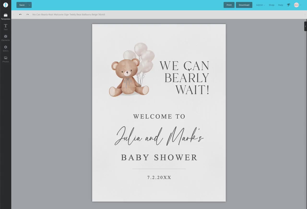 Can Bearly Wait Welcome Baby Shower Sign Bear with Beige Balloons, Girl Boy, Couples Shower, Can Bearly Wait, Editable Download TEMPLETT