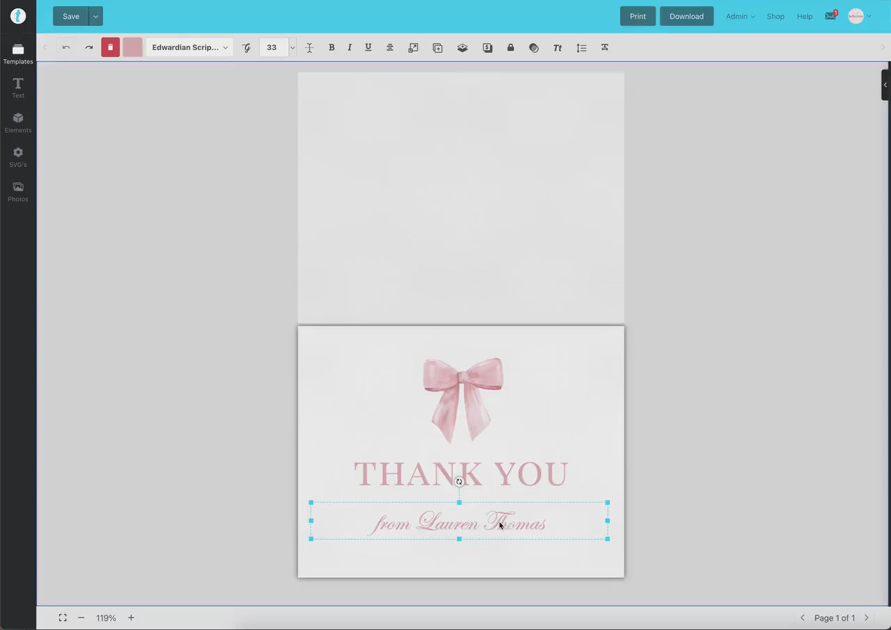 Thank You Card Pink Bow Editable Template . Baby Shower Sprinkle Gender Reveal Thank You . PRINTABLE Instant Digital Download TEMPLETT