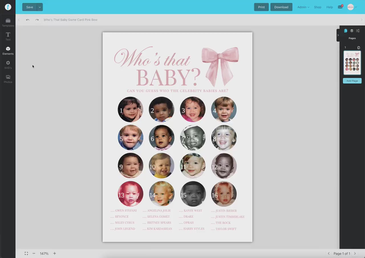 Who's That Celebrity Baby Pink Bow Baby Shower Photo Game, Girl Baby Shower Sprinkle, Editable Template Digital Download TEMPLETT