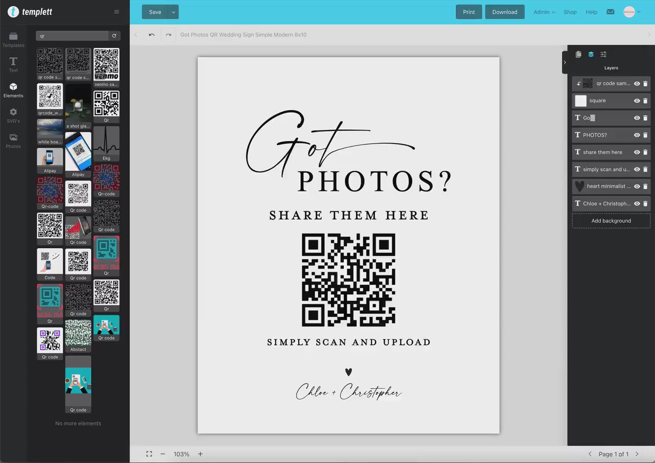 Got Photos? Wedding Reception QR Code Sign . Share the Love Photos Printable Template . Greenery and Gold . Instant Download Templett G2-T