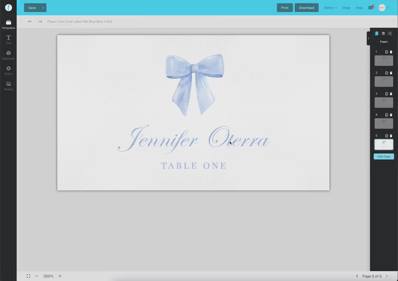 Blue Bow Place Card Editable Template, Table Name Food Tent Card Tag, Bridal Bachelorette Baby Shower Sprinkle, PRINTABLE Download TEMPLETT