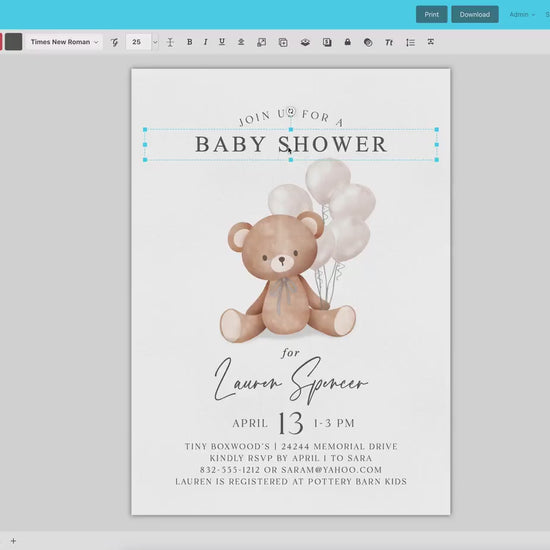 Bear Baby Shower Invitation, We Can Bearly Wait, Bear w White Beige Balloons, Boy Girl Gender Neutral, Editable Template Download Templett