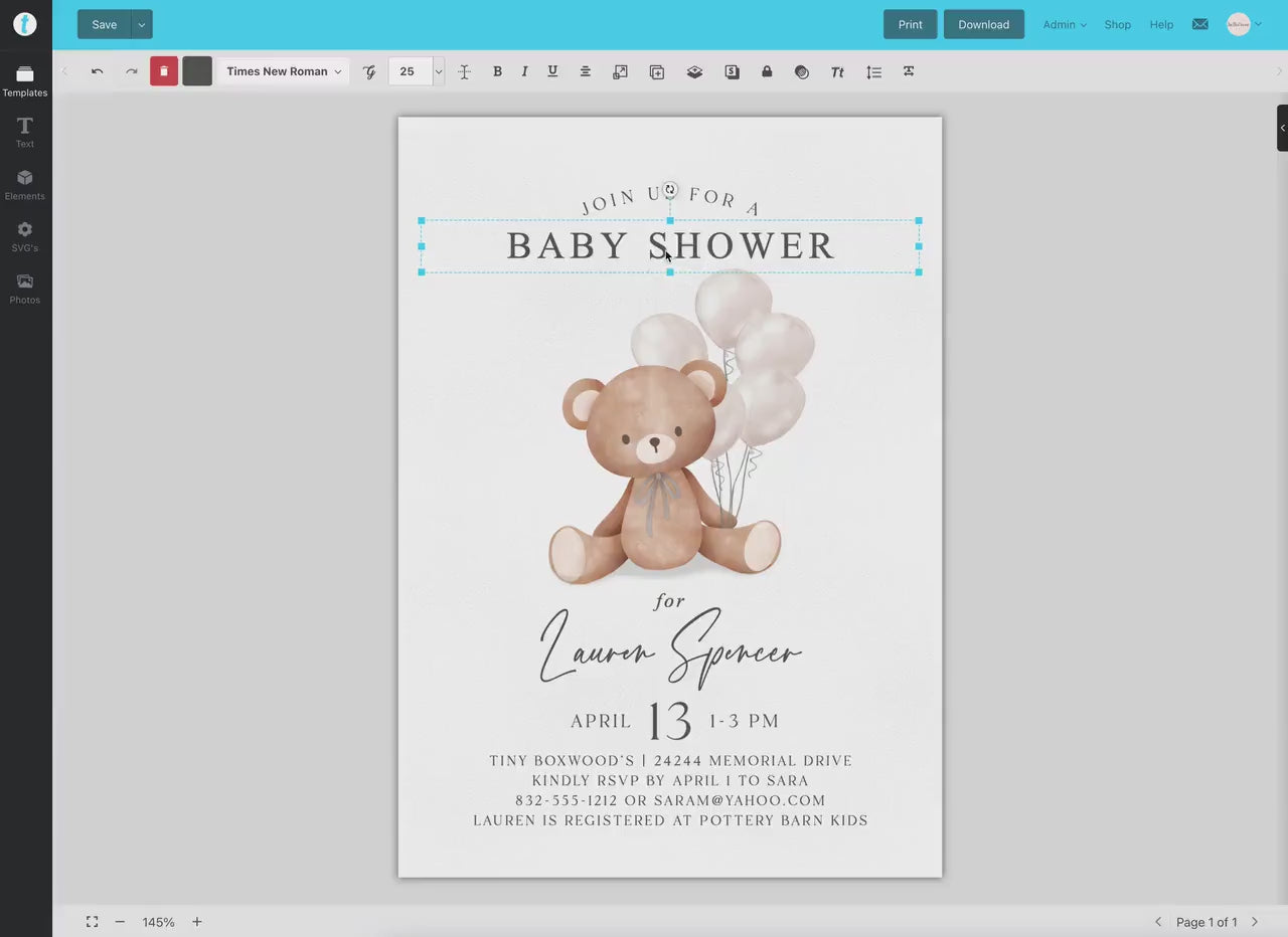 Bear Baby Shower Invitation, We Can Bearly Wait, Bear w White Beige Balloons, Boy Girl Gender Neutral, Editable Template Download Templett
