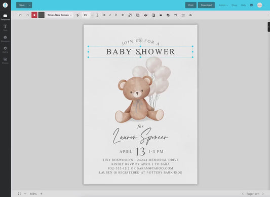 Bear Baby Shower Invitation, We Can Bearly Wait, Bear w White Beige Balloons, Boy Girl Gender Neutral, Editable Template Download Templett
