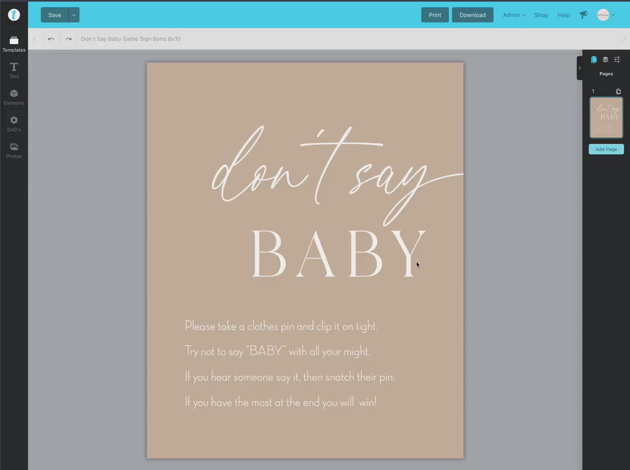 Don't Say Baby Boho Baby Shower Games Printable Sign . Beige Brown Boy Girl Minimalist . Editable Template . Instant Download Templett