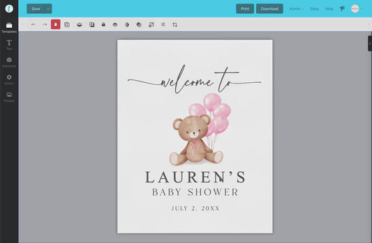 Editable Welcome Sign Teddy Bear with Pink Balloons, Girl Baby Shower, Couples Shower, Baby Sprinkle,  We Can Bearly Wait, Template Download