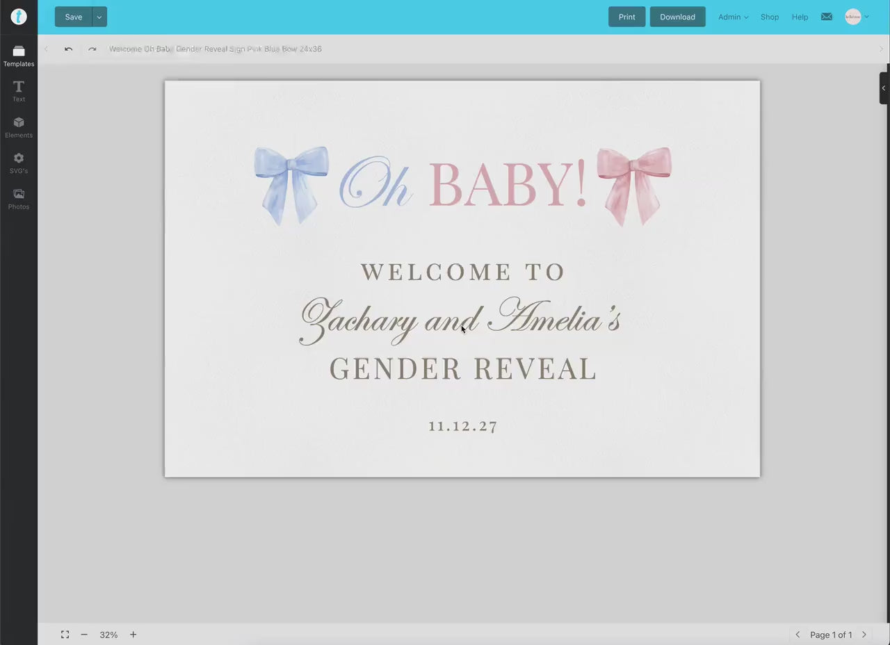 Welcome Sign Oh Baby Gender Reveal, He or She What Will Baby Be, Pink and Blue Bows Baby Gender Reveal, Template Instant Download TEMPLETT