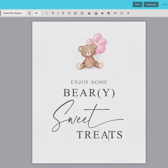 Enjoy Some Beary Sweet Treats Baby Shower Printable Sign, Girl Bear with Pink Balloons, Baby Shower, Sprinkle, Template Download Templett