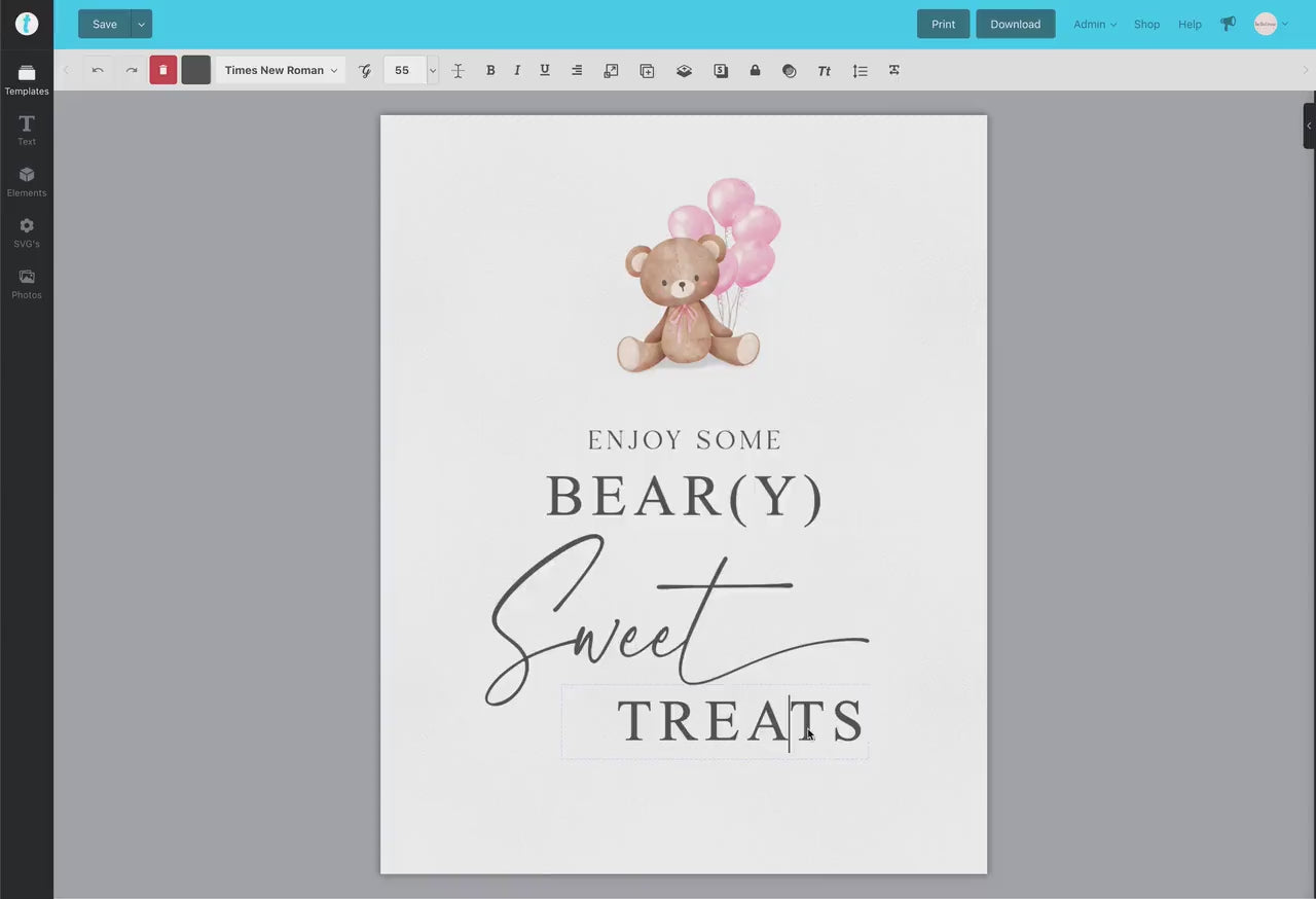 Enjoy Some Beary Sweet Treats Baby Shower Printable Sign, Girl Bear with Pink Balloons, Baby Shower, Sprinkle, Template Download Templett