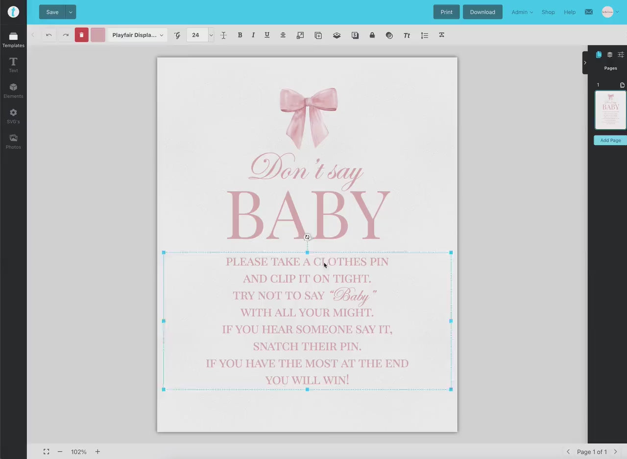 Don't Say Baby Pink Bow Baby Shower Game, Girl Baby Sprinkle, Clothespin Game, Editable Template Digital Download TEMPLETT