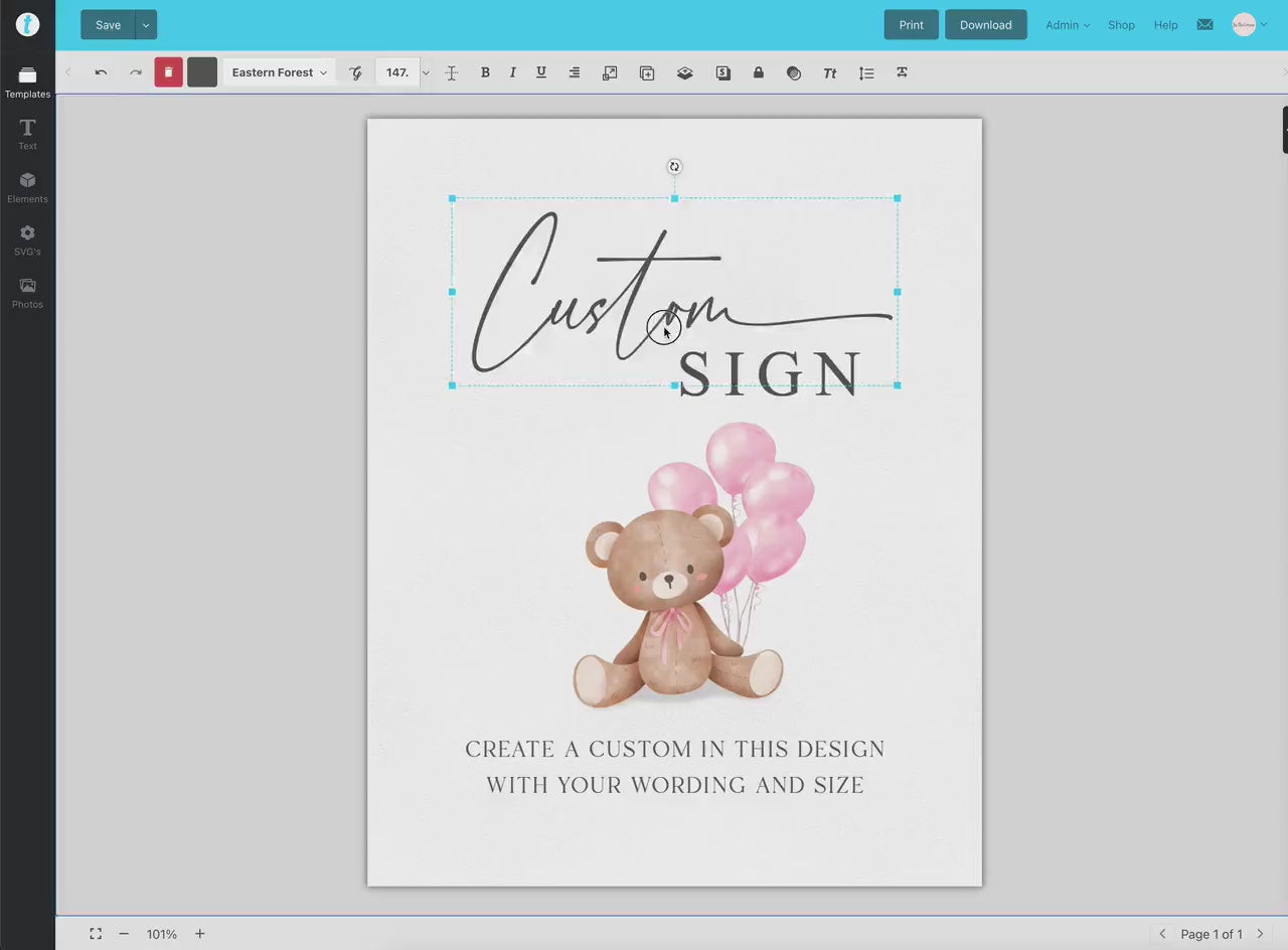 Custom Editable Sign Teddy Bear with Pink Bow and Balloons, Girl Baby Shower Sprinkle,  We Can Bearly Wait, Template Download TEMPLETT