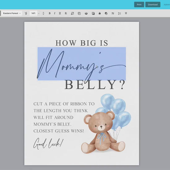 How Big is Mommys Belly Printable Sign + Cards, Teddy Bear with Blue Balloons, Boy Baby Shower, Can Bearly Wait, Template Download Templatt