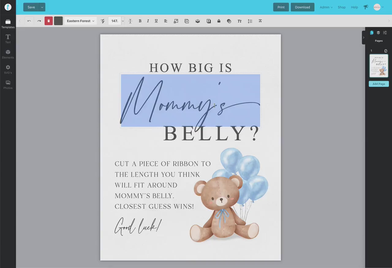 How Big is Mommys Belly Printable Sign + Cards, Teddy Bear with Blue Balloons, Boy Baby Shower, Can Bearly Wait, Template Download Templatt