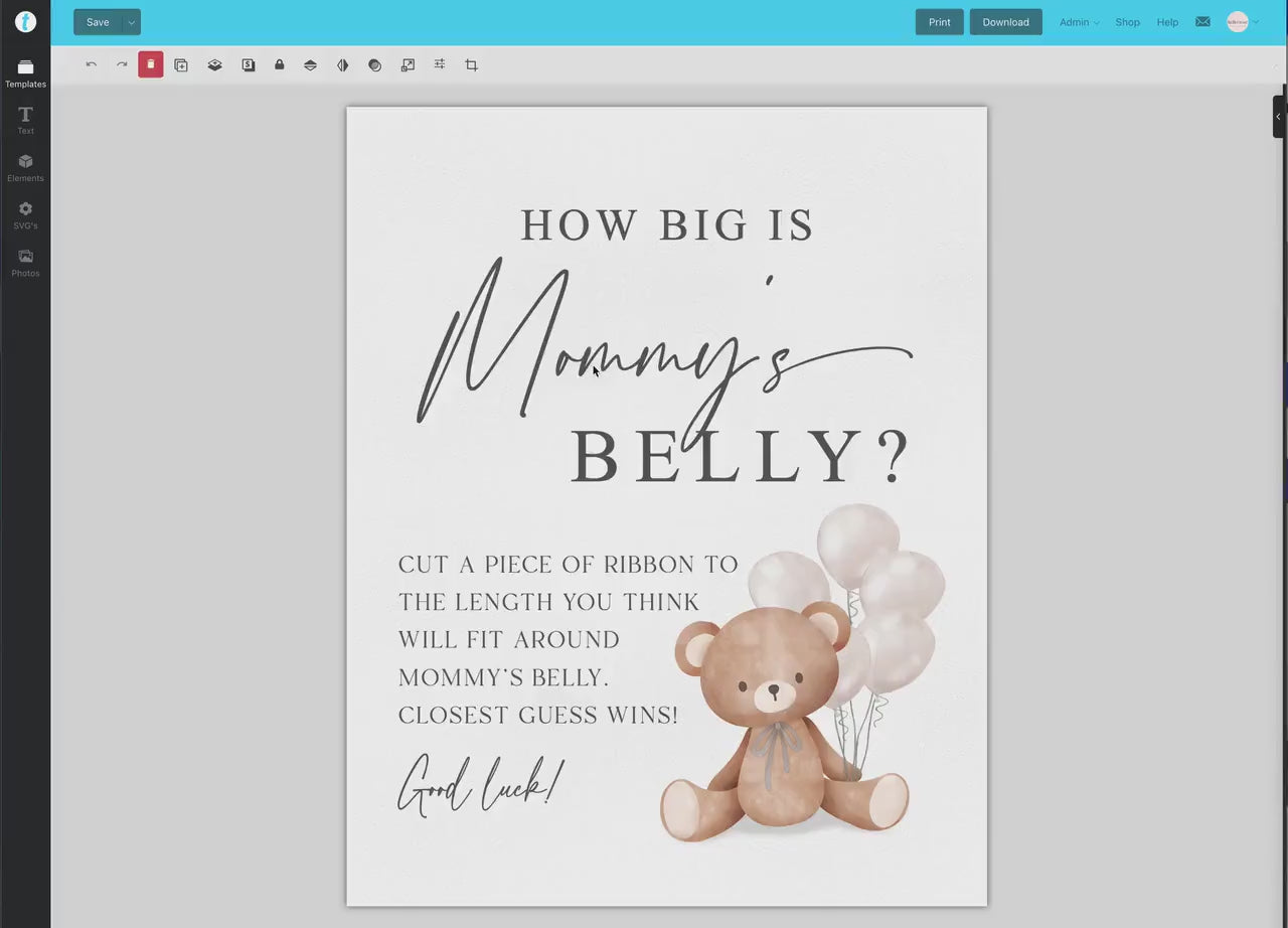 How Big is Mommys Belly Printable Sign + Cards, Teddy Bear with White Balloons, Boy Girl Baby, Can Bearly Wait, Template Download Templett