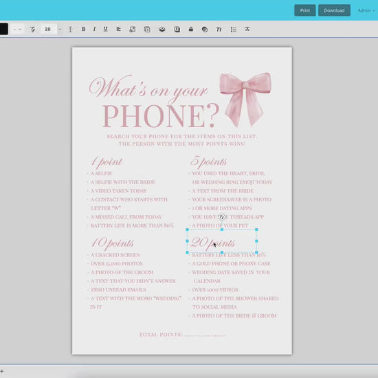 What's on Your Phone Game Pink Bow Baby Shower Game, Girl Baby Sprinkle Game, Printable Editable Template Instant Digital Download TEMPLETT