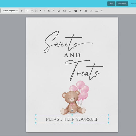 Sweets and Treats Baby Shower Favors Printable Sign, Bear with Pink Balloons, Girl Baby Shower, Baby Sprinkle, Template Download Templett