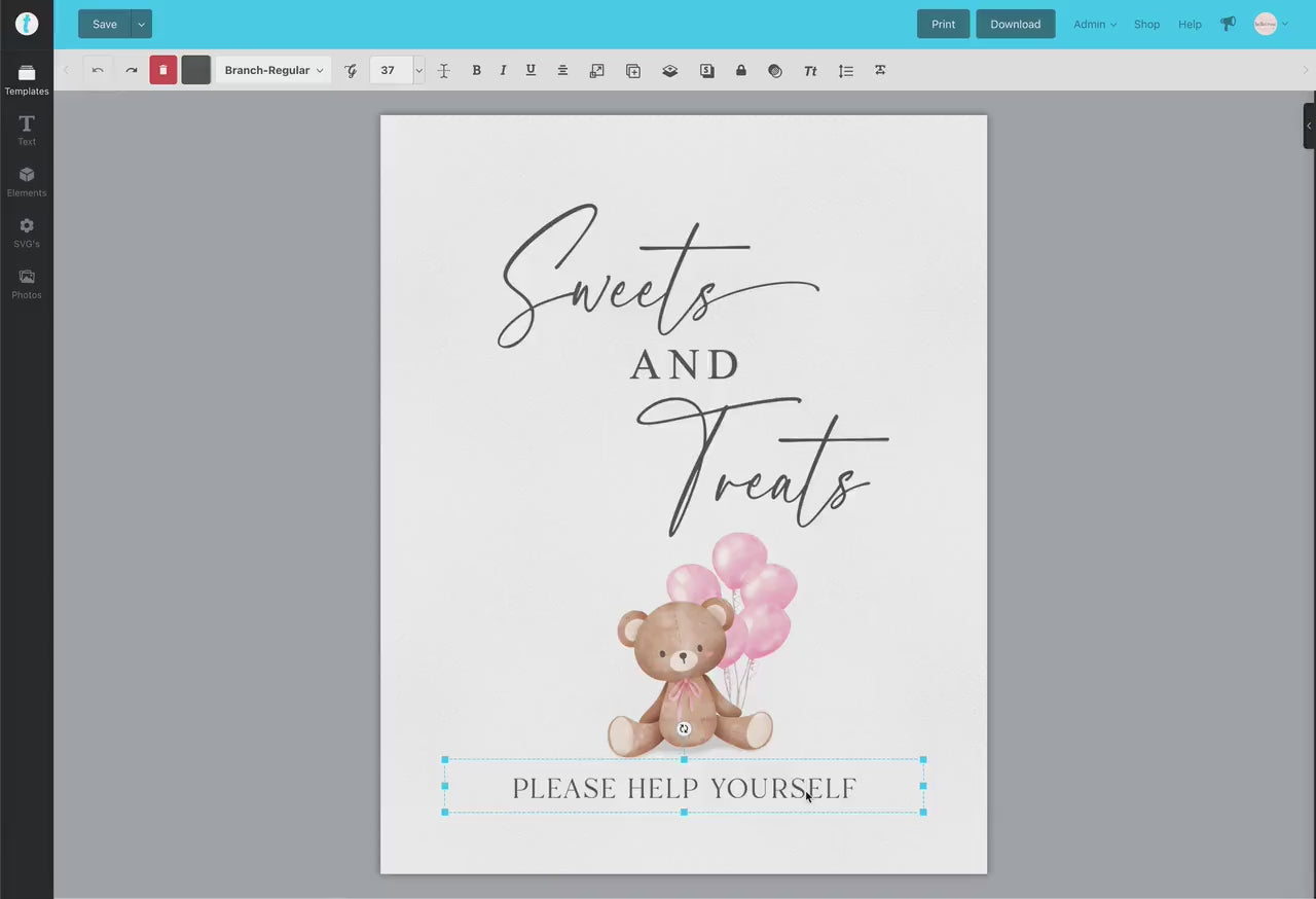 Sweets and Treats Baby Shower Favors Printable Sign, Bear with Pink Balloons, Girl Baby Shower, Baby Sprinkle, Template Download Templett