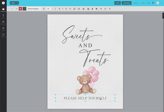 Sweets and Treats Baby Shower Favors Printable Sign, Bear with Pink Balloons, Girl Baby Shower, Baby Sprinkle, Template Download Templett