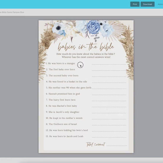 Babies in the Bible Baby Shower Game . Blue Floral Boho Pampas Boy Baby Shower . PRINTABLE Editable Template . Instant Download Templett