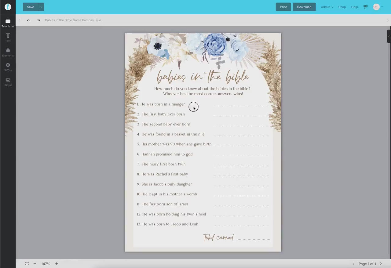 Babies in the Bible Baby Shower Game . Blue Floral Boho Pampas Boy Baby Shower . PRINTABLE Editable Template . Instant Download Templett