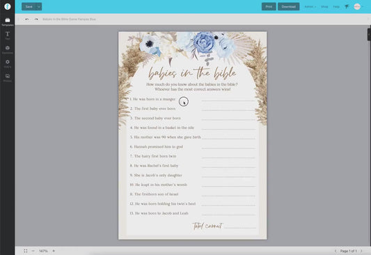 Babies in the Bible Baby Shower Game . Blue Floral Boho Pampas Boy Baby Shower . PRINTABLE Editable Template . Instant Download Templett