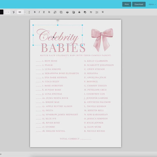 Celebrity Babies Pink Bow Baby Shower Game, Famous Babies, Girl Baby Sprinkle, Printable Editable Template Instant Digital Download TEMPLETT