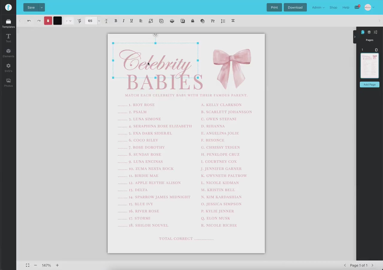 Celebrity Babies Pink Bow Baby Shower Game, Famous Babies, Girl Baby Sprinkle, Printable Editable Template Instant Digital Download TEMPLETT