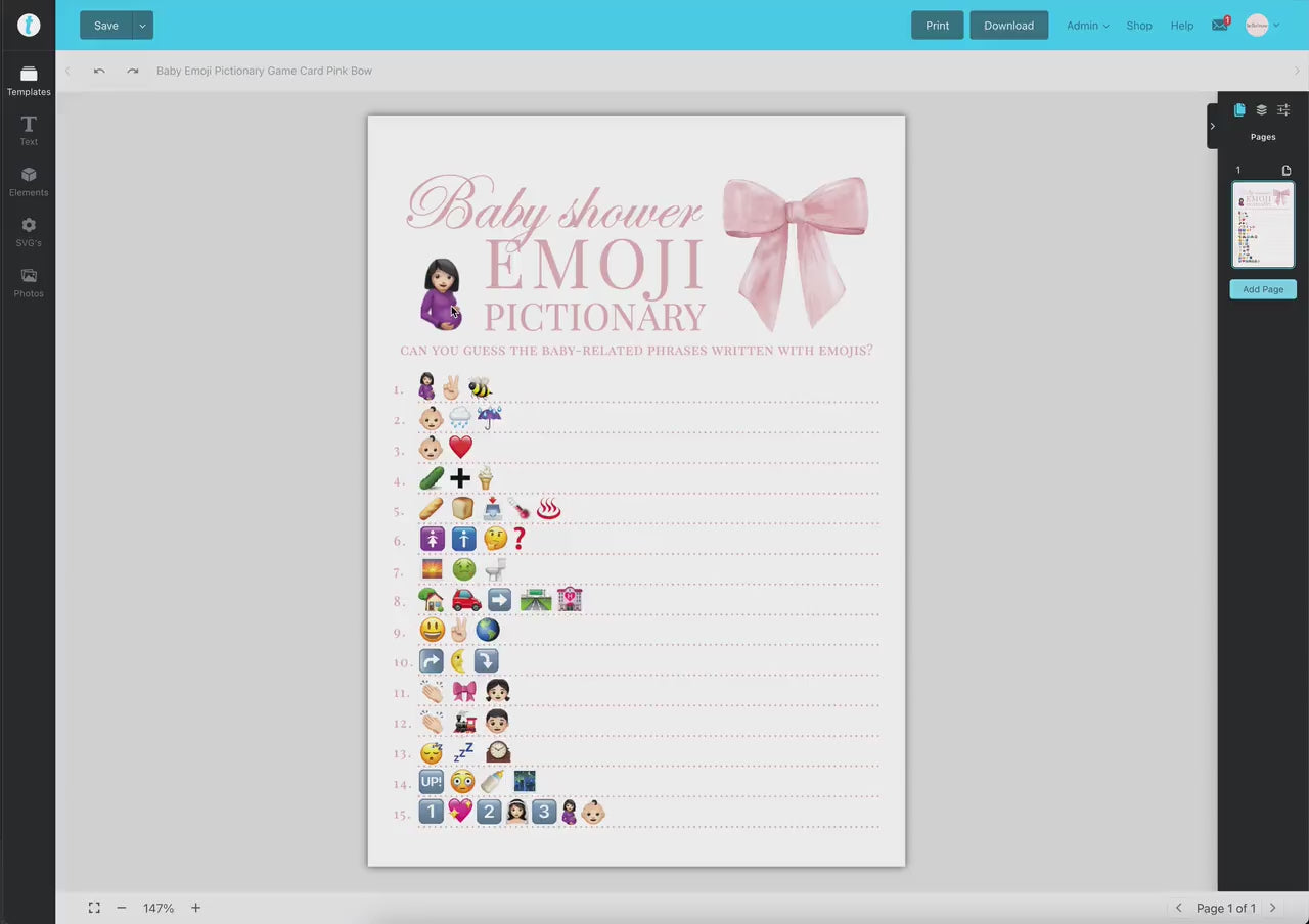 Emoji Pictionary Pink Bow Baby Shower Game, Girl Baby Sprinkle Game, Printable Editable Template Instant Digital Download TEMPLETT