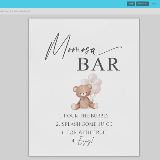Momosa Bar Sign, Printable Baby Shower Mimosa Bar, Bear with White Balloons, Girl Boy Baby Shower, Baby Sprinkle, Template Download Templett