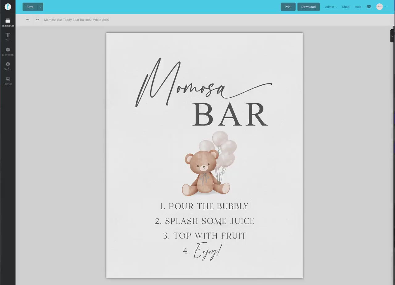 Momosa Bar Sign, Printable Baby Shower Mimosa Bar, Bear with White Balloons, Girl Boy Baby Shower, Baby Sprinkle, Template Download Templett