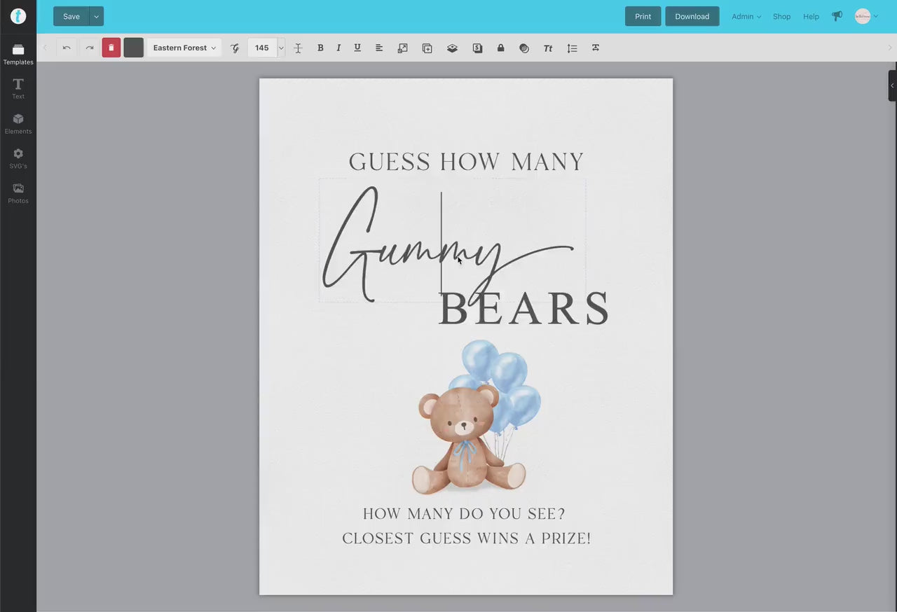 Guess How Many Gummy Bears Baby Shower Game, Teddy Bear Boy with Blue Balloons, Couples Shower, Baby Sprinkle, Template Download Templett