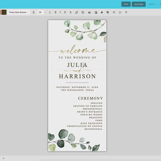 Wedding Program Editable Template . Ceremony Program. Greenery and Gold Modern Boho Wedding . Printable Instant Download TEMPLETT