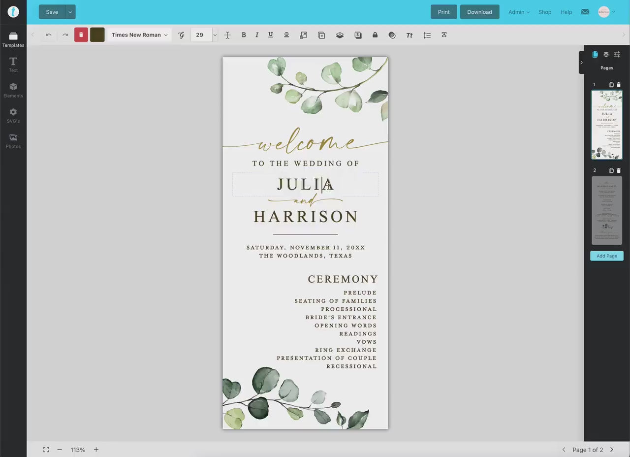 Wedding Program Editable Template . Ceremony Program. Greenery and Gold Modern Boho Wedding . Printable Instant Download TEMPLETT
