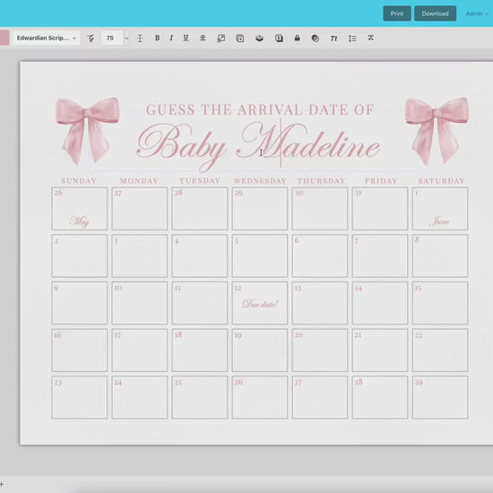 Pink Bow Guess the Due Date Calendar Baby Shower Game Sign, Guess the Arrival Date, Bow Girl Baby Shower, Template Instant Download TEMPLETT